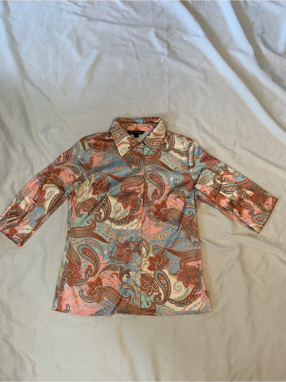 Boston Proper Paisley Satin Blouse in Pink, Blue & Cream